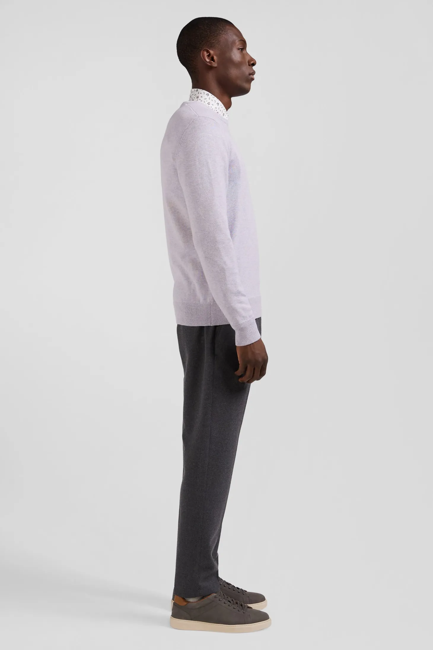 Pull col rond en laine et coton gris coupe Regular