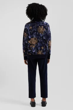 Pull col rond en laine et coton marine à motifs floraux coupe Oversized