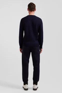Pull col rond en laine et coton bleu marine coupe Regular