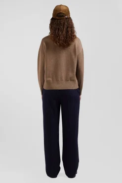Pull col rond en laine et coton marron coupe Relaxed