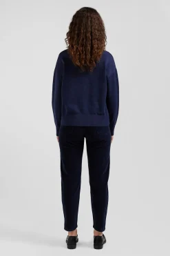 Pull col rond en laine et coton bleu marine coupe Relaxed