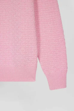 Pull col rond en laine et coton rose coupe Regular effet micro nœud papillon