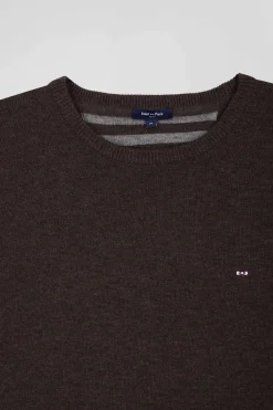Pull col rond en laine et coton brun coupe Regular