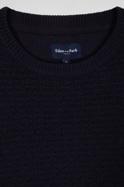 Pull col rond en laine et coton bleu marine coupe Regular effet micro nœud papillon
