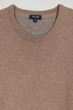 Pull col rond en laine et coton marron coupe Regular