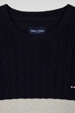 Pull col rond en laine et coton gris à jeux de maille coupe Regular