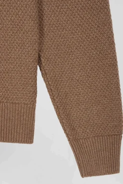 Pull col rond en laine et coton marron à jeux de maille coupe Regular