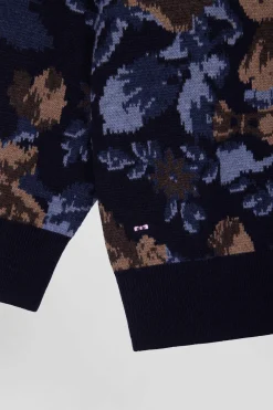 Pull col rond en laine et coton marine à motifs floraux coupe Oversized