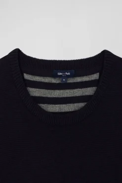 Pull col rond en laine et coton bleu marine coupe Regular