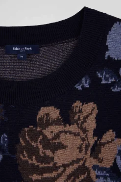 Pull col rond en laine et coton marine à motifs floraux coupe Oversized