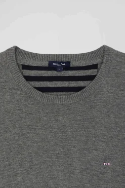 Pull col rond en laine et coton gris clair coupe Regular