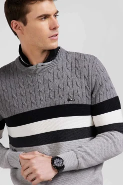 Pull col rond en maille coton fantaisie gris coupe Regular