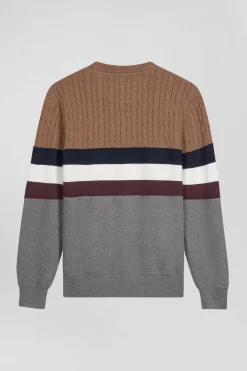 Pull col rond en maille coton fantaisie camel coupe Regular