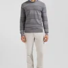 Pull col rond rayé en coton et cachemire gris coupe Regular