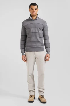 Pull col rond rayé en coton et cachemire gris coupe Regular