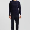 Pull col rond rayé en coton et cachemire bleu marine coupe Regular