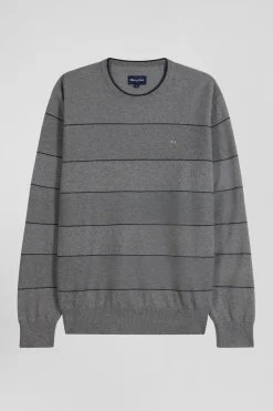 Pull col rond rayé en coton et cachemire gris coupe Regular