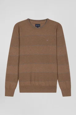 Pull col rond rayé en coton et cachemire marron coupe Regular