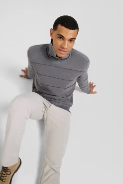 Pull col rond rayé en coton et cachemire gris coupe Regular
