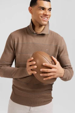 Pull col rond rayé en coton et cachemire marron coupe Regular