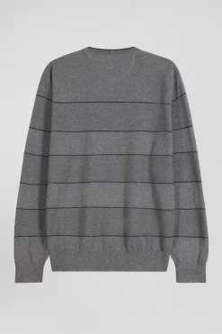 Pull col rond rayé en coton et cachemire gris coupe Regular