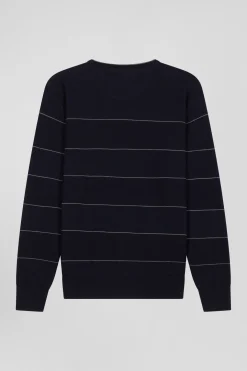 Pull col rond rayé en coton et cachemire bleu marine coupe Regular