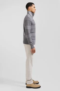 Pull col rond rayé en coton et cachemire gris coupe Regular