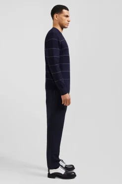 Pull col rond rayé en coton et cachemire bleu marine coupe Regular