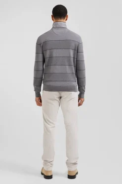 Pull col rond rayé en coton et cachemire gris coupe Regular
