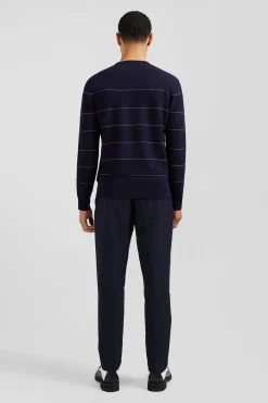 Pull col rond rayé en coton et cachemire bleu marine coupe Regular