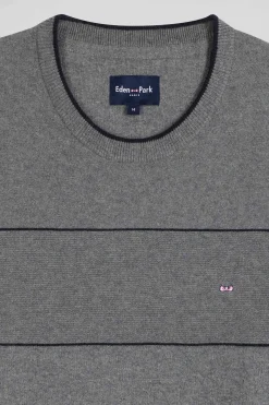 Pull col rond rayé en coton et cachemire gris coupe Regular
