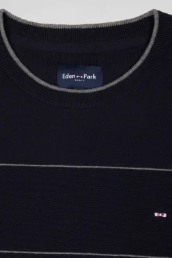 Pull col rond rayé en coton et cachemire bleu marine coupe Regular
