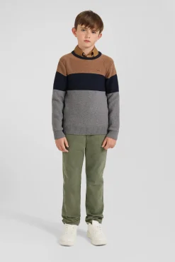 Pull col rond tricolore en coton camel coupe Regular