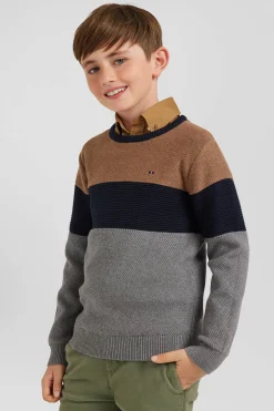 Pull col rond tricolore en coton camel coupe Regular