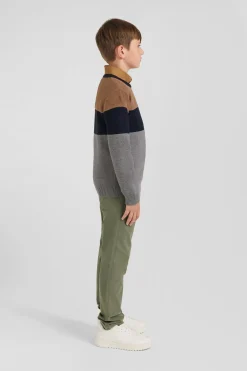 Pull col rond tricolore en coton camel coupe Regular