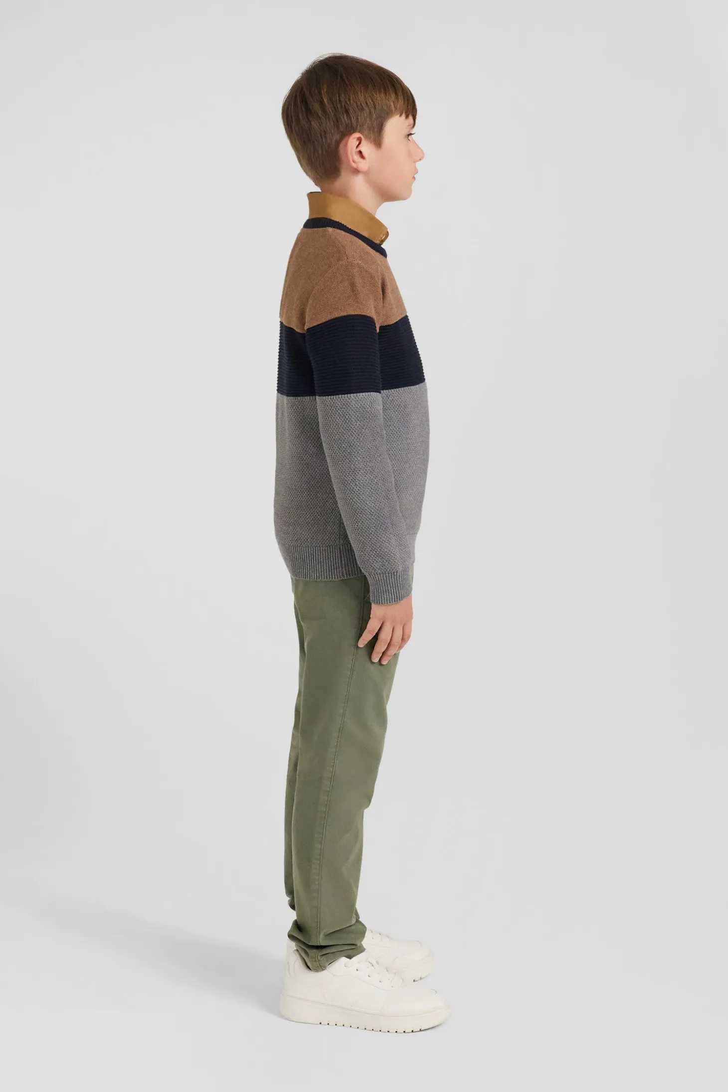 Pull col rond tricolore en coton camel coupe Regular