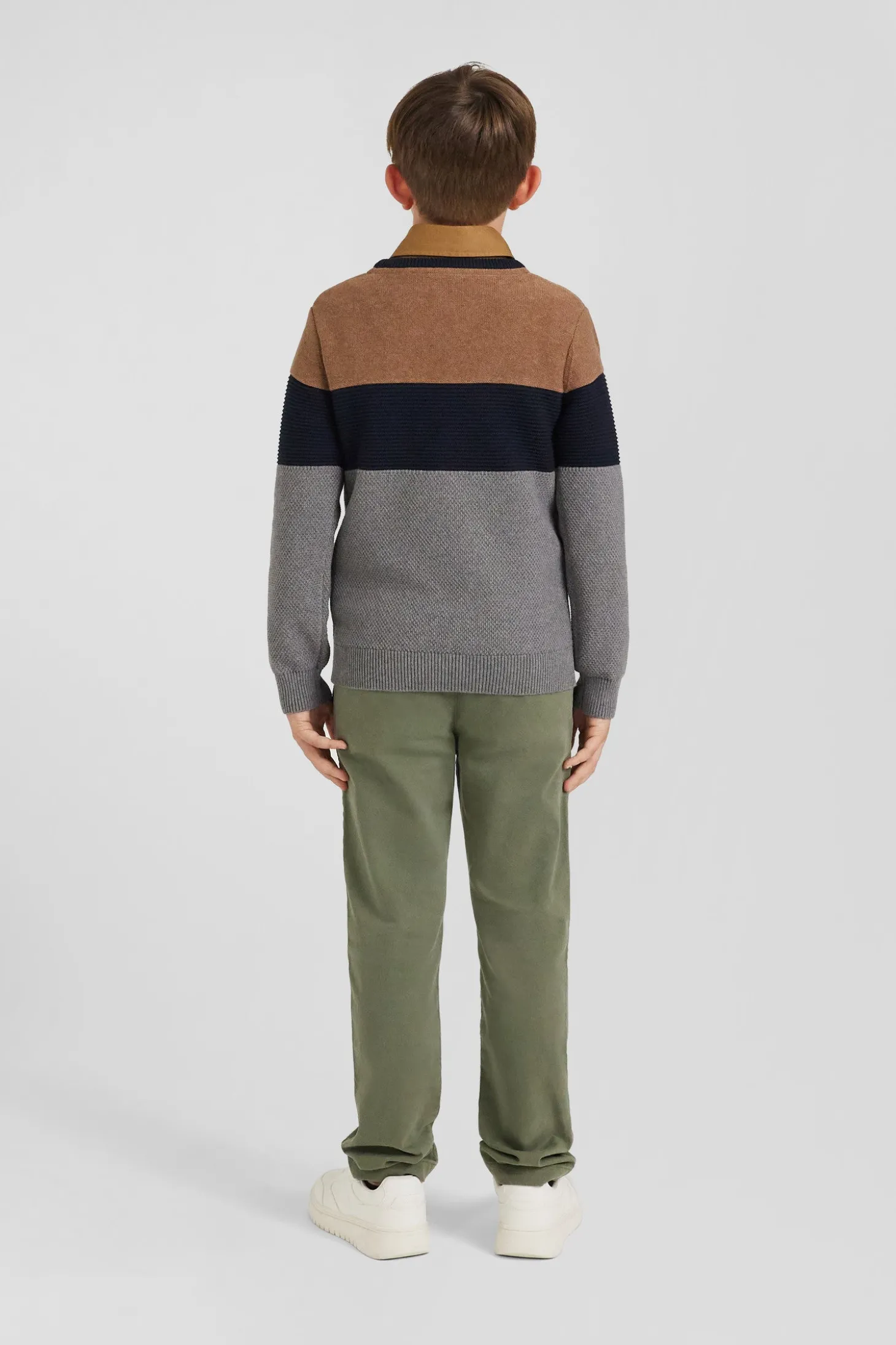Pull col rond tricolore en coton camel coupe Regular