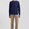 Pull col rond uni en coton bleu foncé coupe Regular