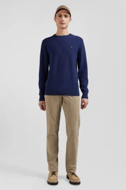 Pull col rond uni en coton bleu foncé coupe Regular