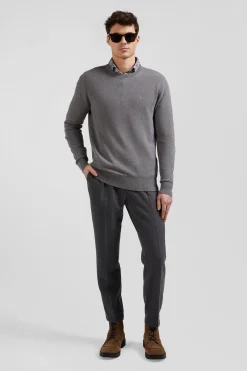Pull col rond uni en coton gris coupe Regular
