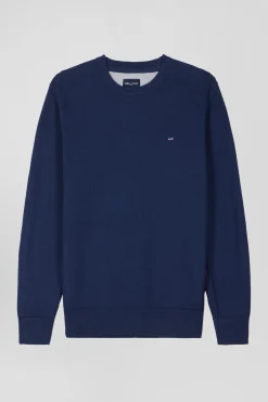 Pull col rond uni en coton bleu foncé coupe Regular