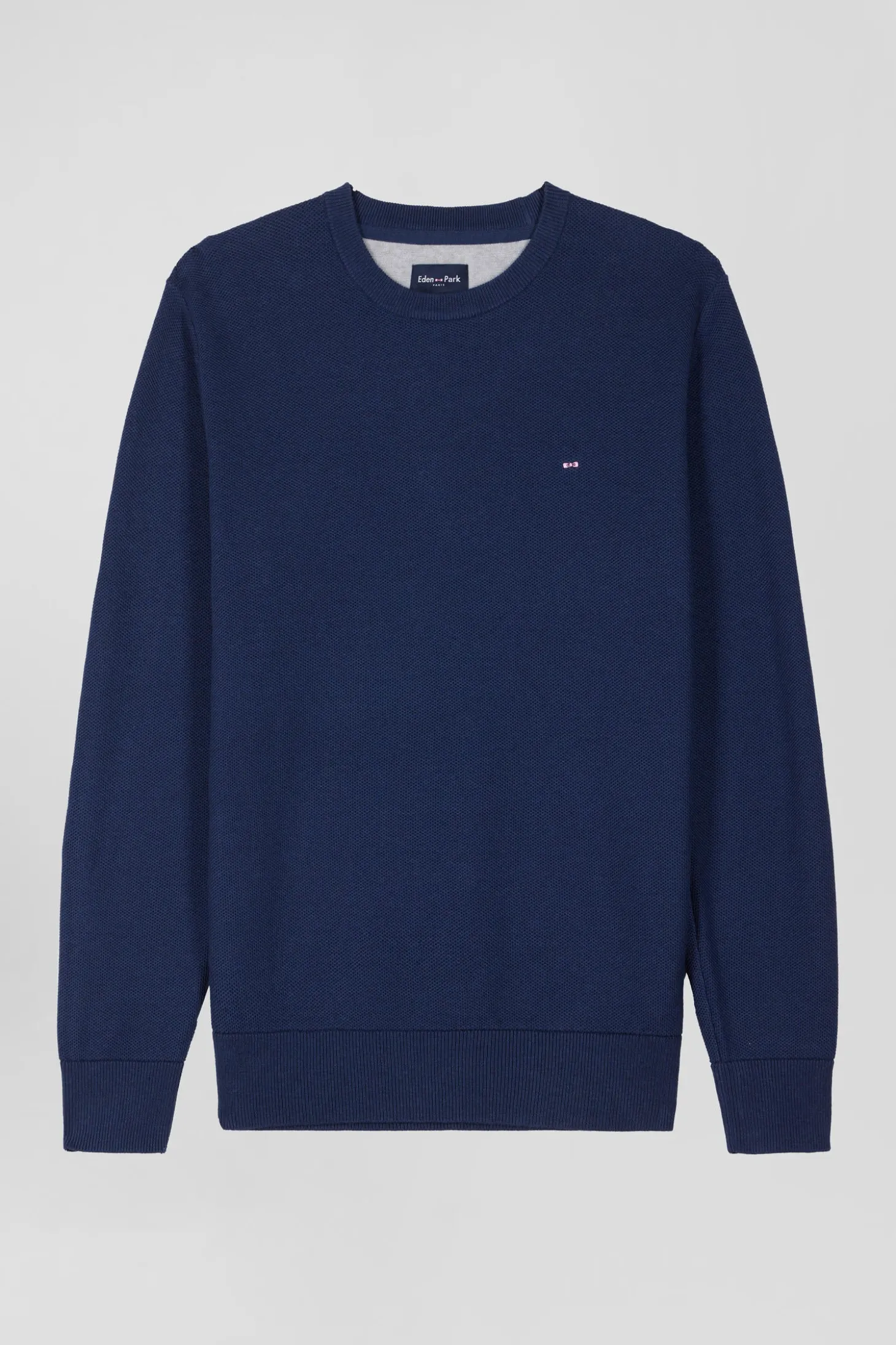 Pull col rond uni en coton bleu foncé coupe Regular