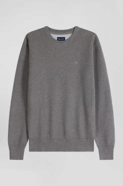 Pull col rond uni en coton gris coupe Regular