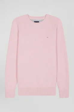 Pull col rond uni en coton rose coupe Regular