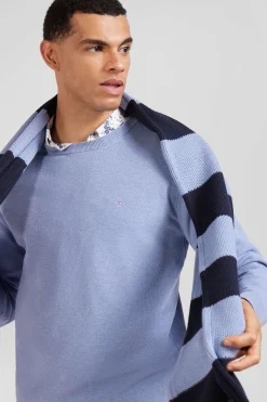 Pull col rond uni en coton ciel coupe Regular