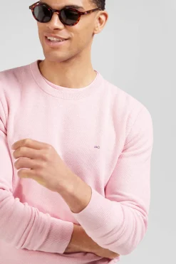 Pull col rond uni en coton rose coupe Regular