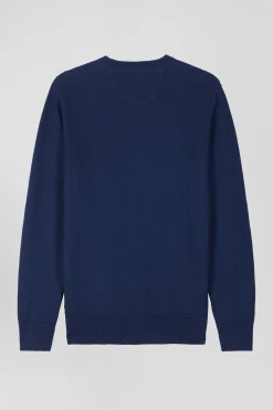Pull col rond uni en coton bleu foncé coupe Regular