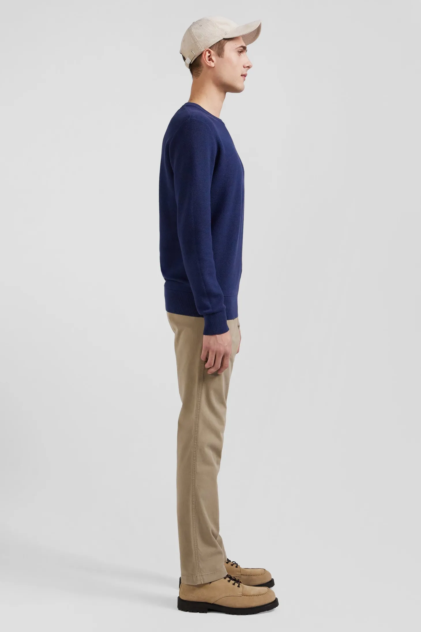 Pull col rond uni en coton bleu foncé coupe Regular