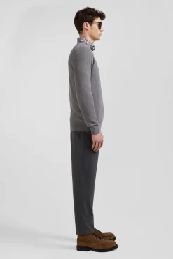 Pull col rond uni en coton gris coupe Regular
