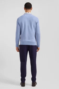 Pull col rond uni en coton ciel coupe Regular
